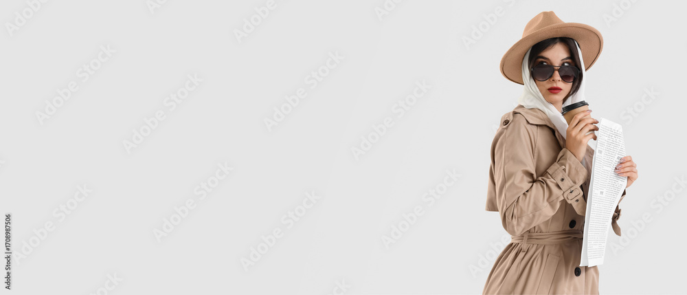 Fototapeta premium Female spy with newspaper and coffee cup on light background