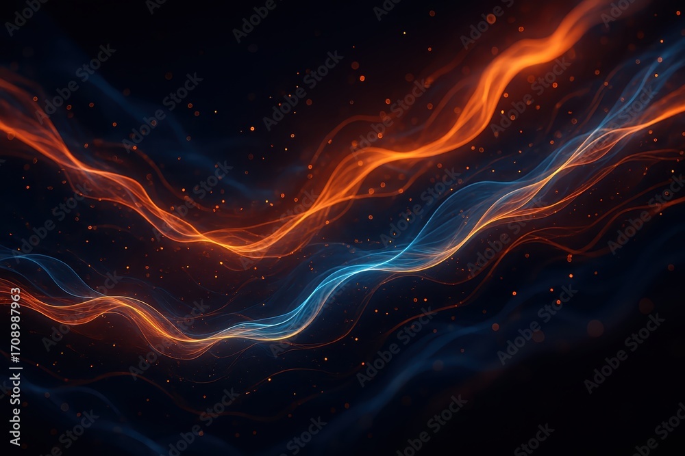 Fototapeta premium Luminous energy currents weaving across deep midnight gradient background flowing neon ribbons and sparks for dynamic abstract design