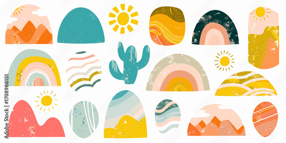 Fototapeta premium Abstract boho desert landscape elements with sun rainbows cactus and mountains