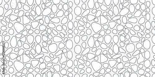 Seamless pattern of organic pebble shapes with black outlines on a white background