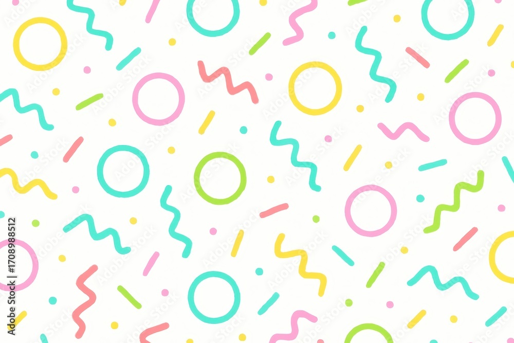 Fototapeta premium Playful geometric squiggle and confetti seamless pattern in pastel and neon minimal style for kids party wrapping paper textiles and trendy branding