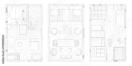 Architectural floor plan drawings showing interior layouts of three modern apartments with furniture and room divisions