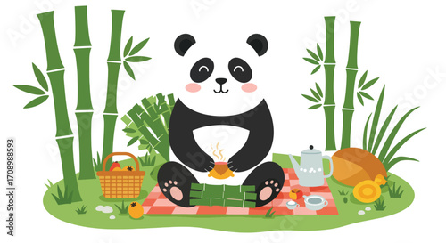 A cartoon panda having a picnic surrounded by bamboo