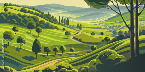 Stylized illustration of rolling green hills with trees and a winding dirt road under a pale sky