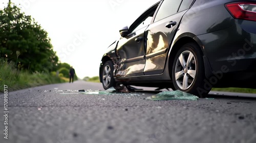 Damaged Green Car with Shattered Windshield Glass on Asphalt Road at Sunset