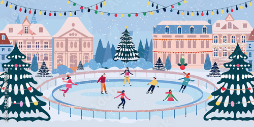Charming winter ice skating rink scene with people enjoying the holidays in a snowy european town square