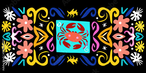 Vibrant abstract border design with a central crab motif and colorful floral elements
