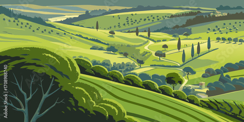 Stylized italian countryside landscape with rolling green hills and cypress trees under a soft sky