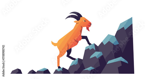 Orange goat climbing steep rocky mountainside