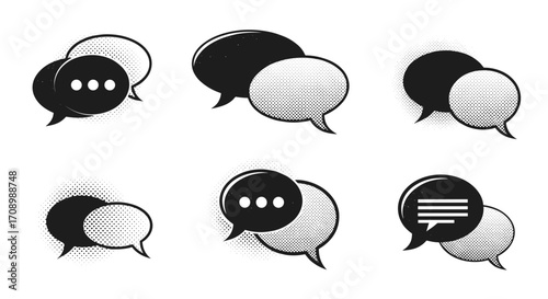 Collection of six halftone textured overlapping speech bubble icons