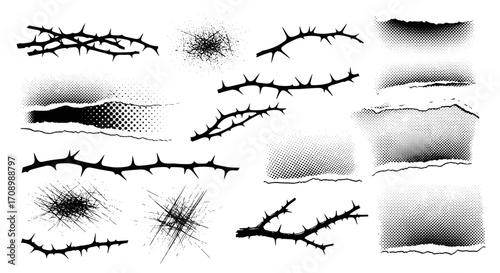 Illustration of thorny branches, torn paper and abstract grunge elements