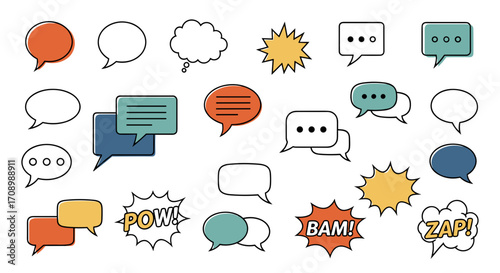 Collection of colorful speech bubbles and comic style word bursts art