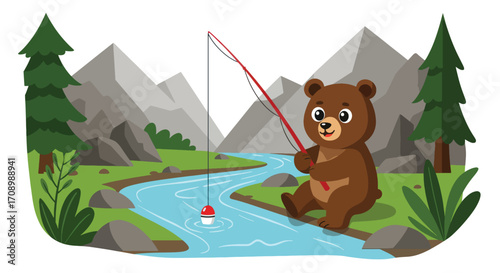 A cartoon bear fishes in a river with mountains and trees in the background