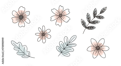 Watercolor floral elements featuring flowers and leaves in soft colors