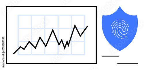 Line chart showing upward trend beside shield with fingerprint design represents data growth, cybersecurity, and biometric identity. Ideal for finance, security, technology, innovation, business