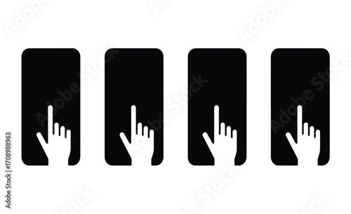 Illustrating the multi-touch gesture of a human index finger tapping on a smartphone screen in a sequence of four distinct visual representations