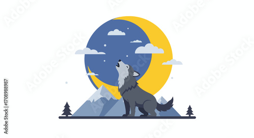 Wolf howling at a crescent moon over mountains