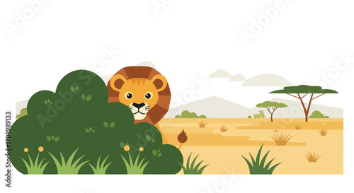 A cartoon lion peeks out from behind a green bush in a savanna landscape
