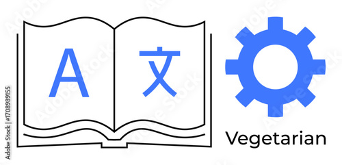Open book with English and Chinese characters, gear icon labeled Vegetarian. Ideal for education, linguistics, technology, machine learning, food labels, globalization, simple flat metaphor