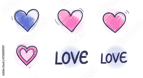 Illustration of hearts and love text in a watercolor style design art
