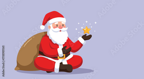 Santa sitting with a gift bag and a star