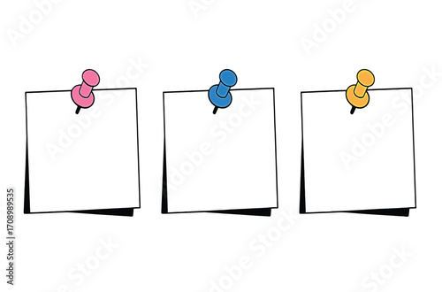 Three blank sticky notes pinned to the wall with colourful pushpins, perfect for reminders, notes, and messages