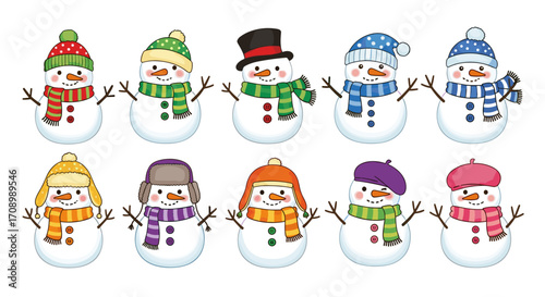 Illustration of ten snowmen wearing different hats and scarves in a row