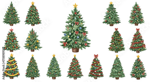 Collection of fifteen decorated christmas trees with stars and ornaments