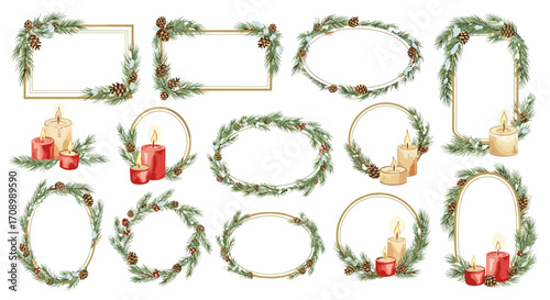 Collection of christmas frames and candles with pine and cone accents