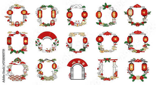 Collection of asian themed frames with lanterns and lucky cat designs