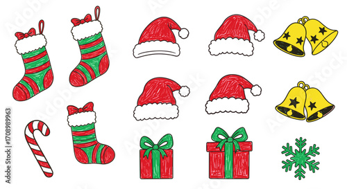 Illustration with christmas stockings hats bells gifts and snowflake