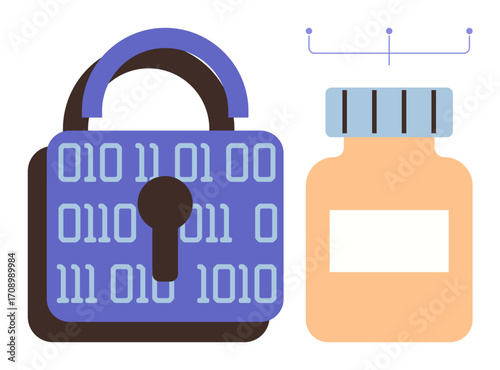 Digital padlock with binary code next to medicine bottle suggests healthcare data privacy. Ideal for cybersecurity, medicine, health, technology, data protection, privacy, encryption. Simple flat
