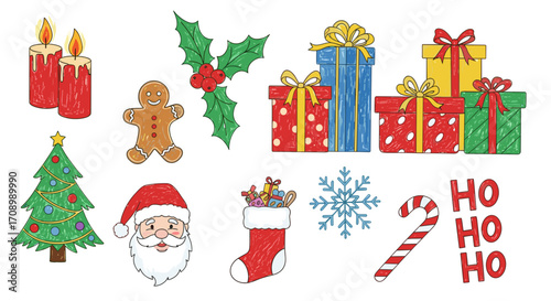 Illustration of christmas themed objects including gifts and santa claus