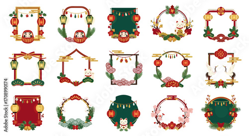 Collection of decorative japanese frames with lanterns and lucky cats