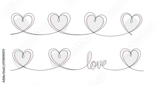 Continuous line drawing of hearts and the word love on white background