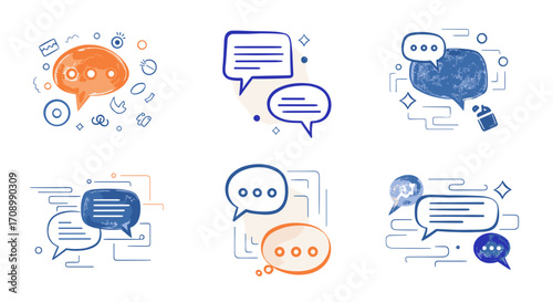 Collection of six stylized speech bubbles in various colors and designs