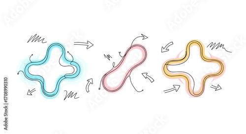 Three abstract shapes with watercolor effect and hand drawn arrows around