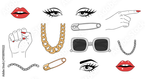 Illustration featuring eyes lips hands chains sunglasses and safety pins