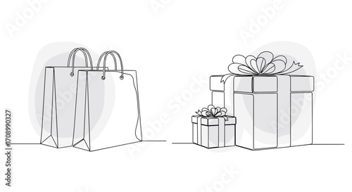 Two shopping bags and two gift boxes with bows in a simple line drawing
