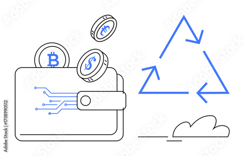 Cryptocurrency wallet with Bitcoin and Dollar coins, recycling triangle with arrows. Ideal for blockchain, cryptocurrency, sustainability, fintech, eco-friendly finance, digital economy, simple flat