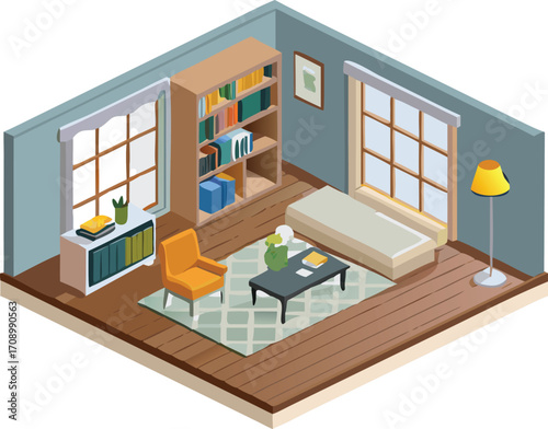 Depiction of a living room with a couch, chair, table, and lamp, highlighting a stylish and comfortable interior space.