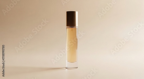 Minimalist slim perfume bottle on beige background