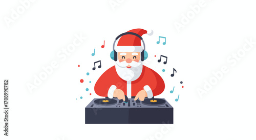 Santa Claus wearing headphones playing a DJ set