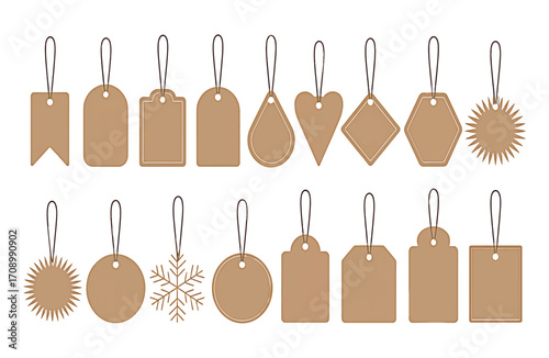 Set of various blank cardboard gift tags and labels with string for price or decoration isolated on white background