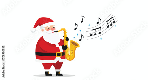 Santa playing saxophone with musical notes