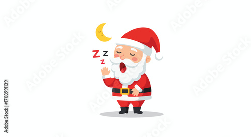 Cartoon Santa Claus yawning and sleeping with Zs and a crescent moon