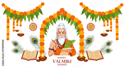 Valmiki Jayanti celebration with deity, scriptures and decorations