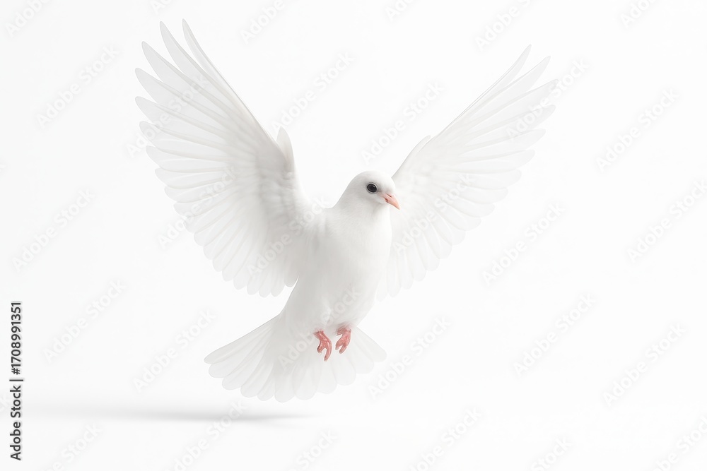 Fototapeta premium Pure white dove mid flight on seamless white with wings fully extended soft studio shadow and ultra crisp feather detail for clean cutout