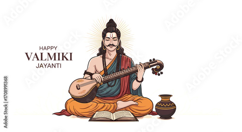Happy Valmiki Jayanti festival greeting with sage playing Veena