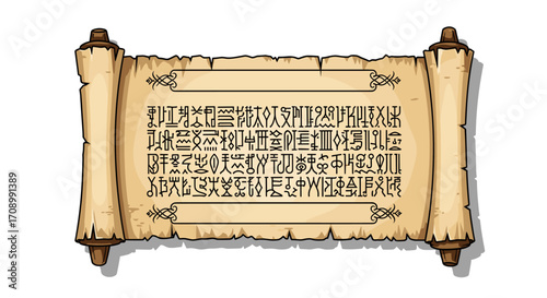 Ancient Scroll with Mysterious Symbols and Ornate Borders